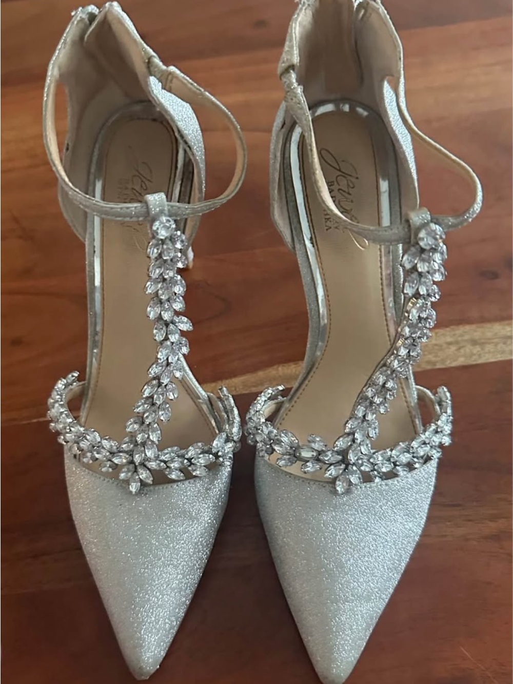 Badgley Mischka Silver Crystal T-Strap Pointed-Toe Heels